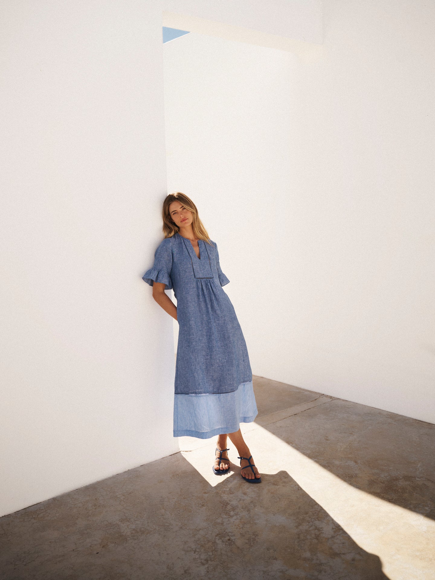 denim linen dress Amelia Scallop Buttoned Cinched Midi Dress in Cotton Linen Denim