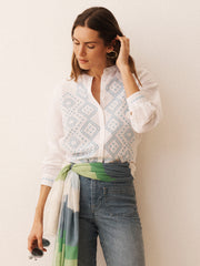 Therese linen cotton broderie shirt - White / Crystal Blue | NRBY Clothing