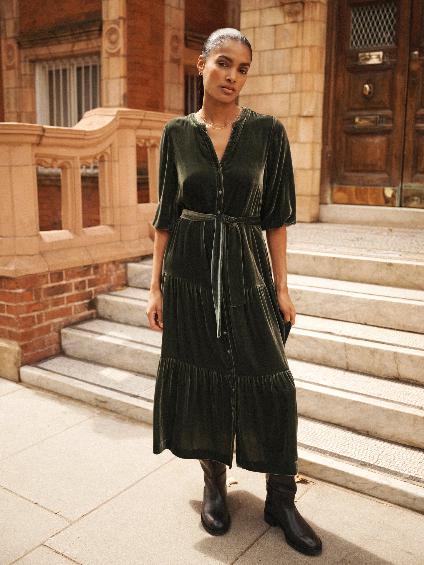 Addy silk blend velvet dress - Khaki