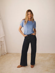 Wanda cotton & linen crew neck t-shirt - Mid Blue
