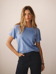 Wanda cotton & linen crew neck t-shirt - Mid Blue
