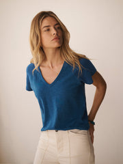 Wanda cotton & linen V neck t-shirt - Indigo