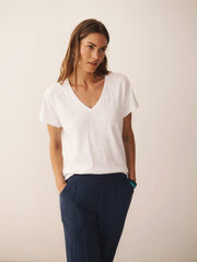 Wanda cotton & linen V neck t-shirt - White