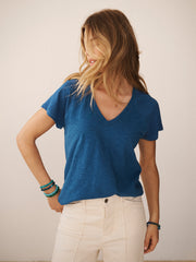 Wanda cotton & linen V neck t-shirt - Indigo