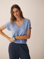 Wanda cotton & linen V neck t-shirt - Mid Blue