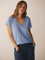 Wanda cotton & linen V neck t-shirt - Mid Blue