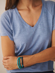 Wanda cotton & linen V neck t-shirt - Mid Blue