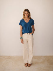 Wanda cotton & linen V neck t-shirt - Indigo