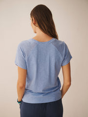 Wanda cotton & linen V neck t-shirt - Mid Blue