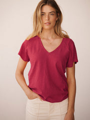 Wanda cotton & linen V neck t-shirt - Red