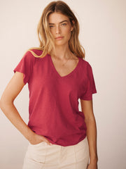 Wanda cotton & linen V neck t-shirt - Red