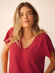 Wanda cotton & linen V neck t-shirt - Red