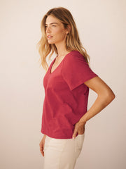 Wanda cotton & linen V neck t-shirt - Red