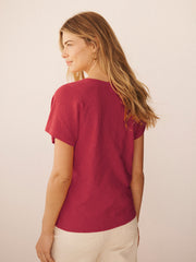 Wanda cotton & linen V neck t-shirt - Red