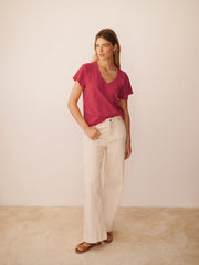 Wanda cotton & linen V neck t-shirt - Red