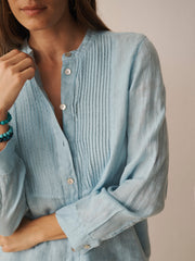 Zoe Gauze Linen Pleated Shirt - Aquamarine