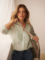 Zoe gauze linen pleated shirt - Green stripe | NRBY Clothing