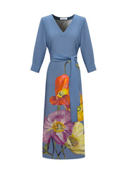 Monique Silk Poppy Print V-Neck Dress - Bluestone