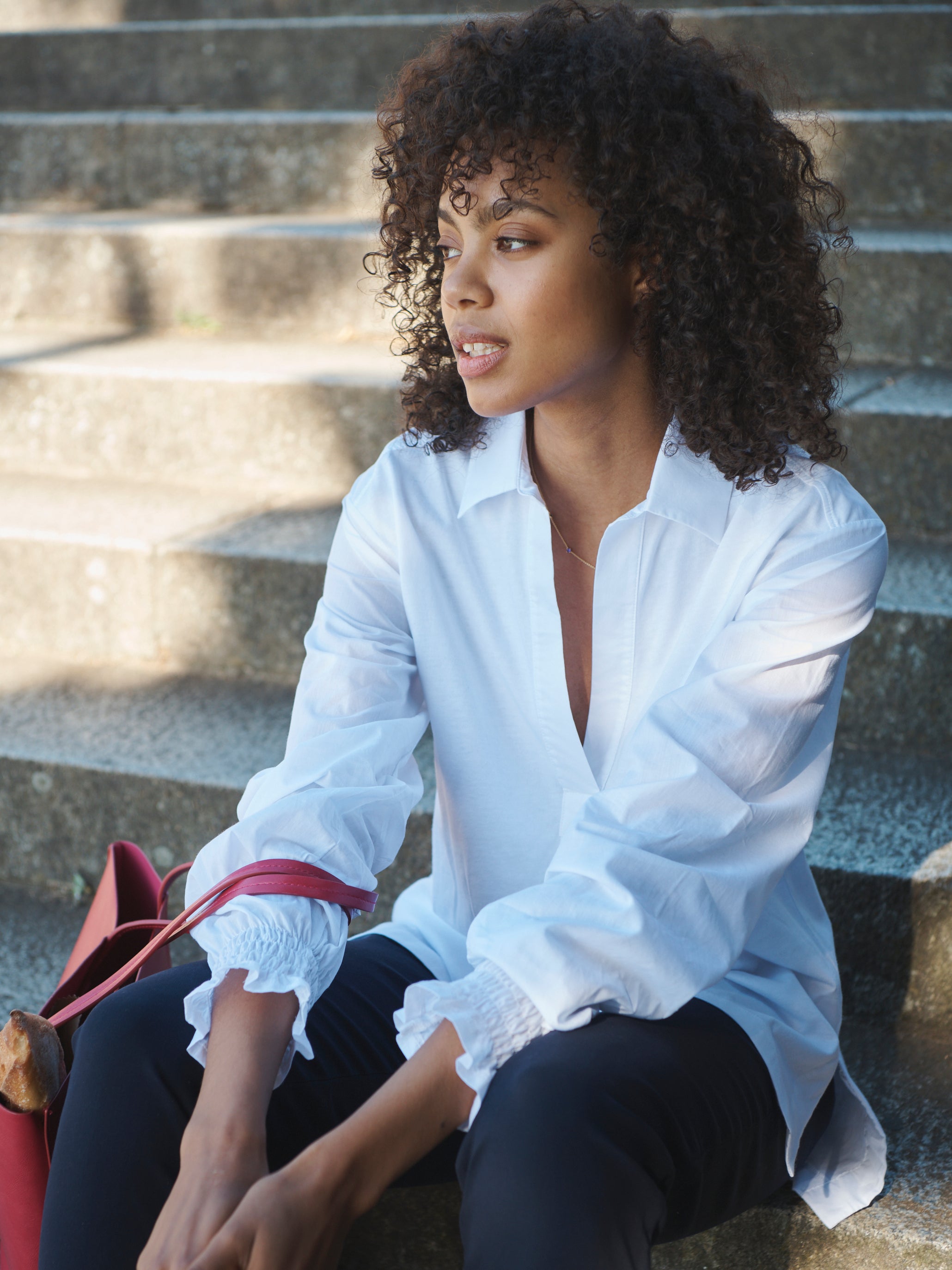 Aria jersey and cotton shirred cuff shirt - White – White – NRBY