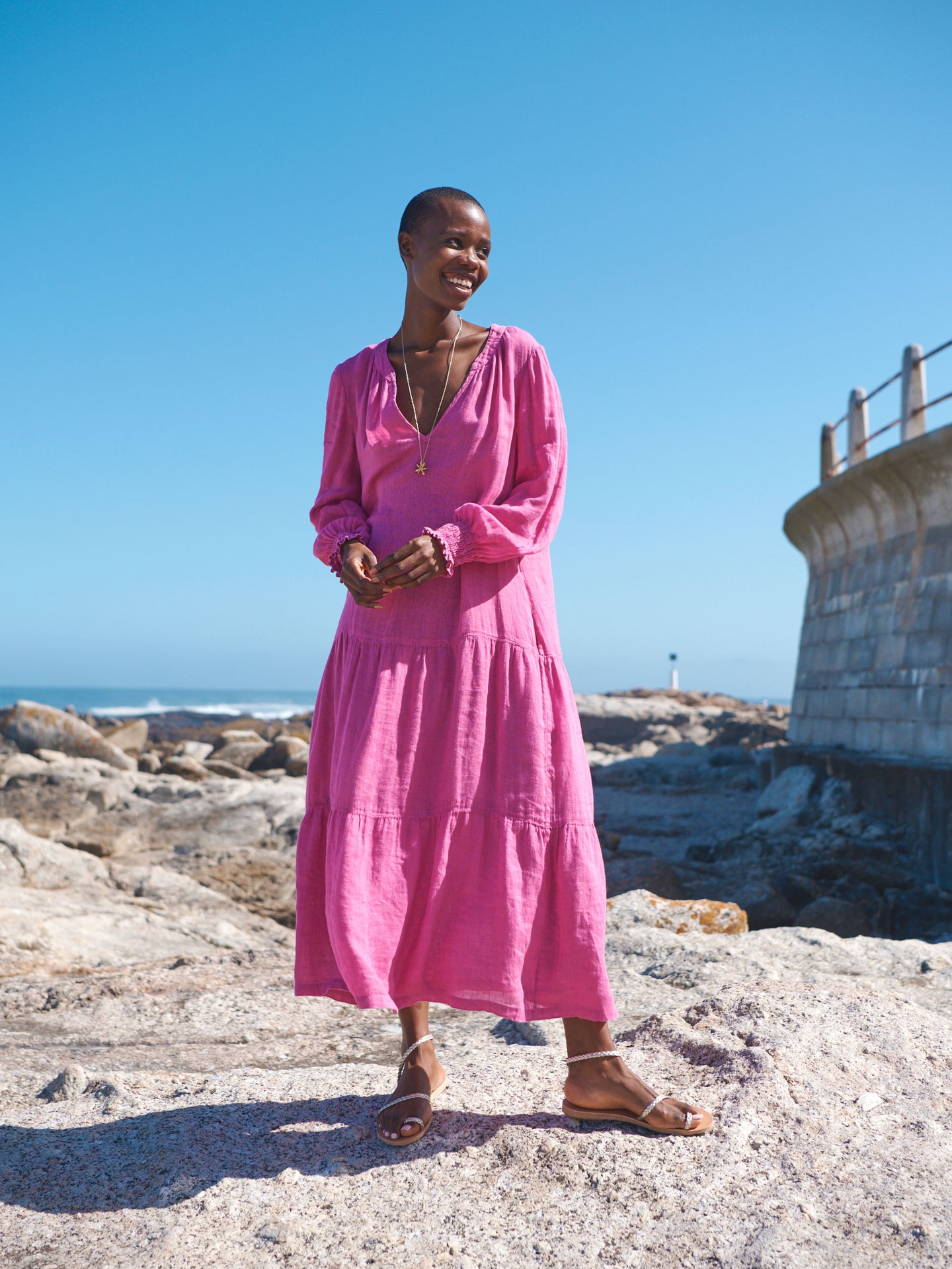 Brooke gauze linen tiered dress - Cherry Pink