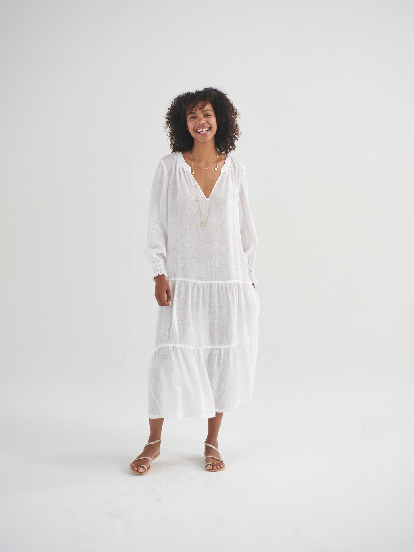 Brooke gauze linen tiered dress white NRBY Clothing Brooke gauze linen tiered dress white NRBY Clothing