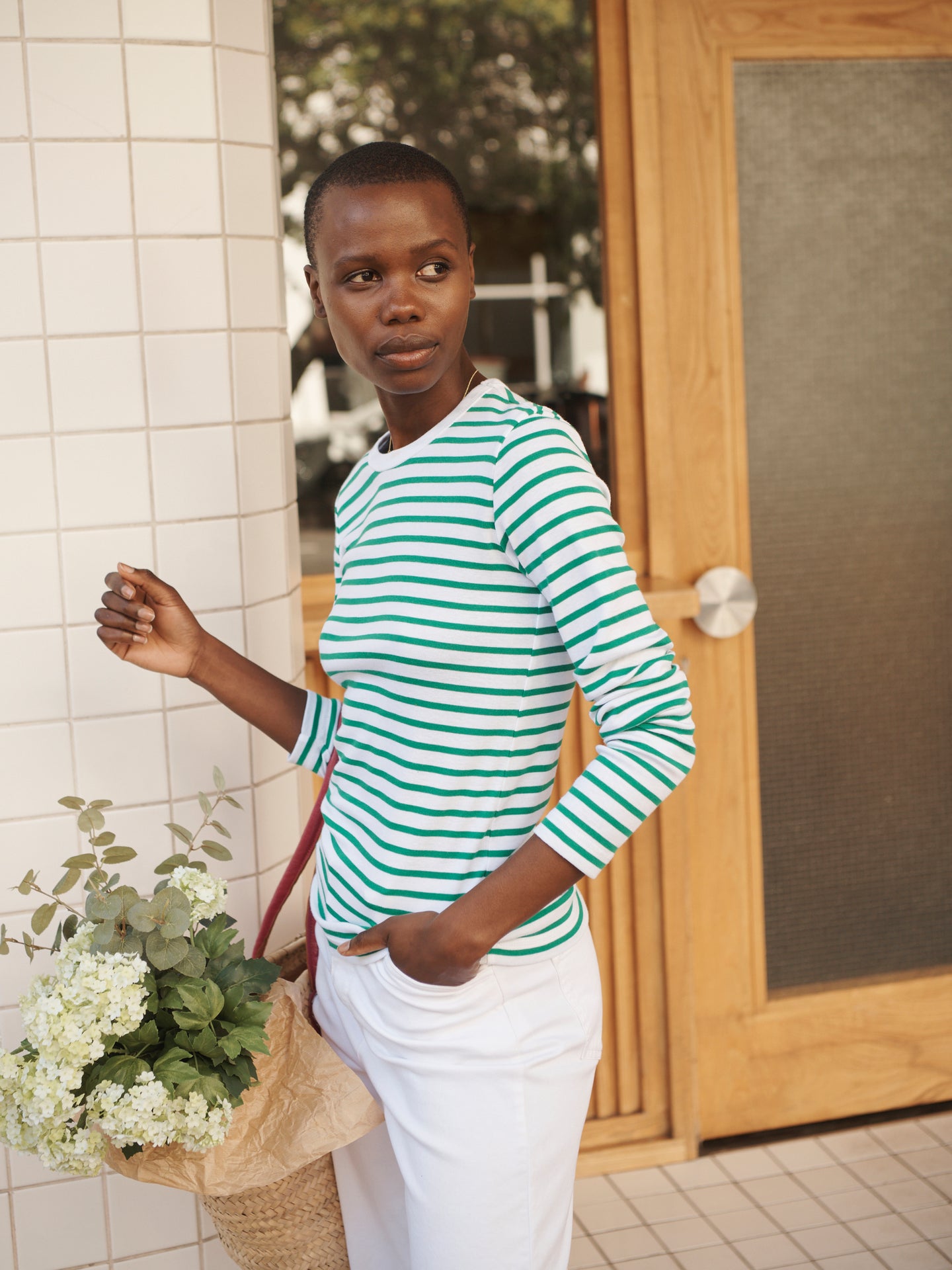 Billie cotton rib stripe t-shirt - Emerald/White