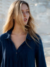 Lydia gauze linen pleat front blouse - Navy