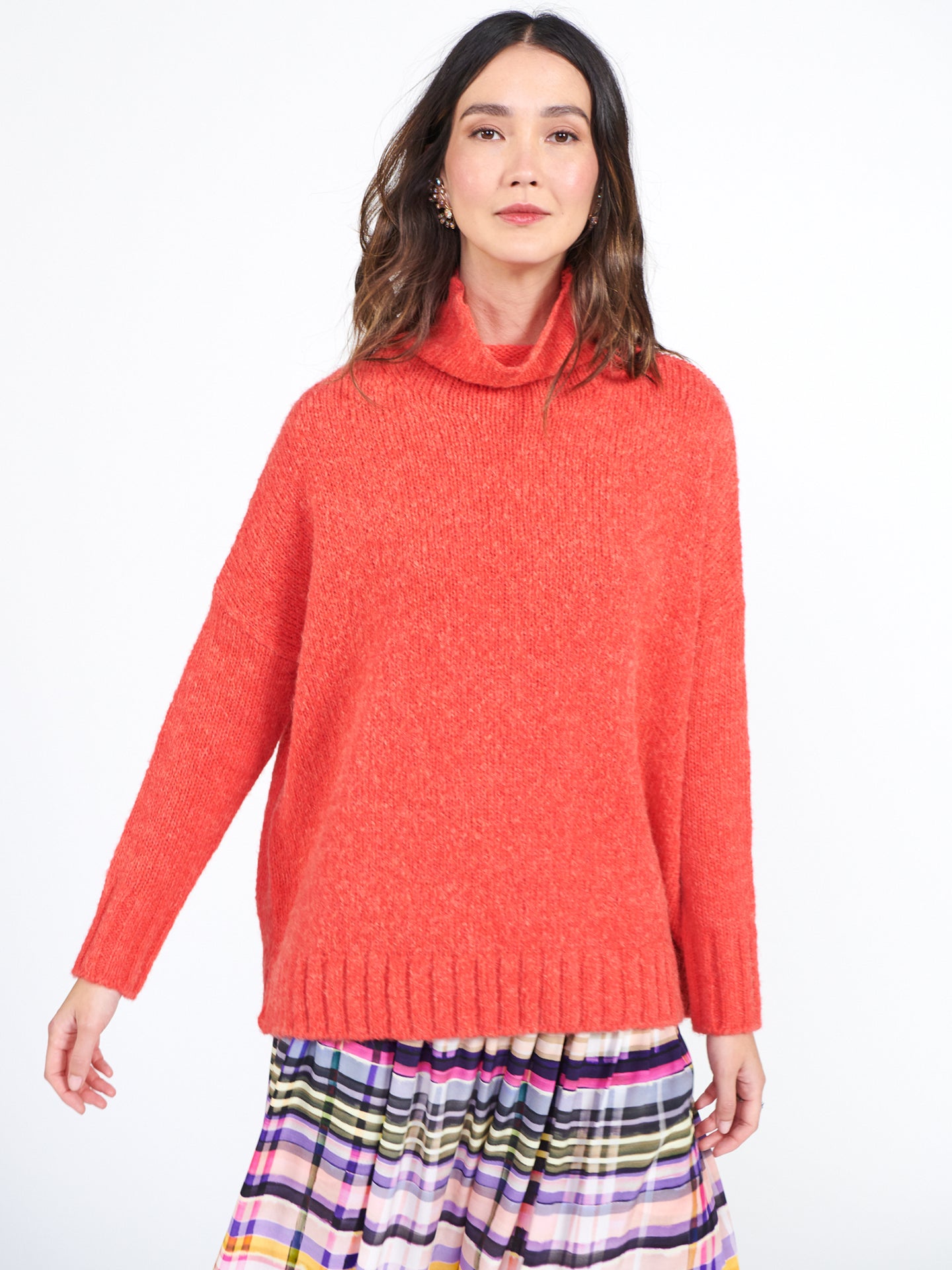 Jana funnel neck sweater with ribbed cuffs - Coral