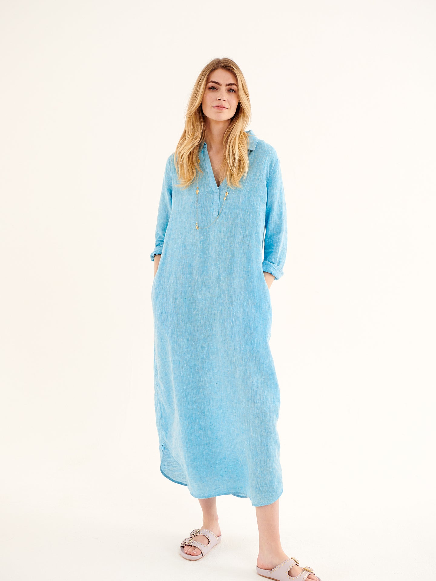 Chrissie Linen Maxi Dress in Turquoise – NRBY