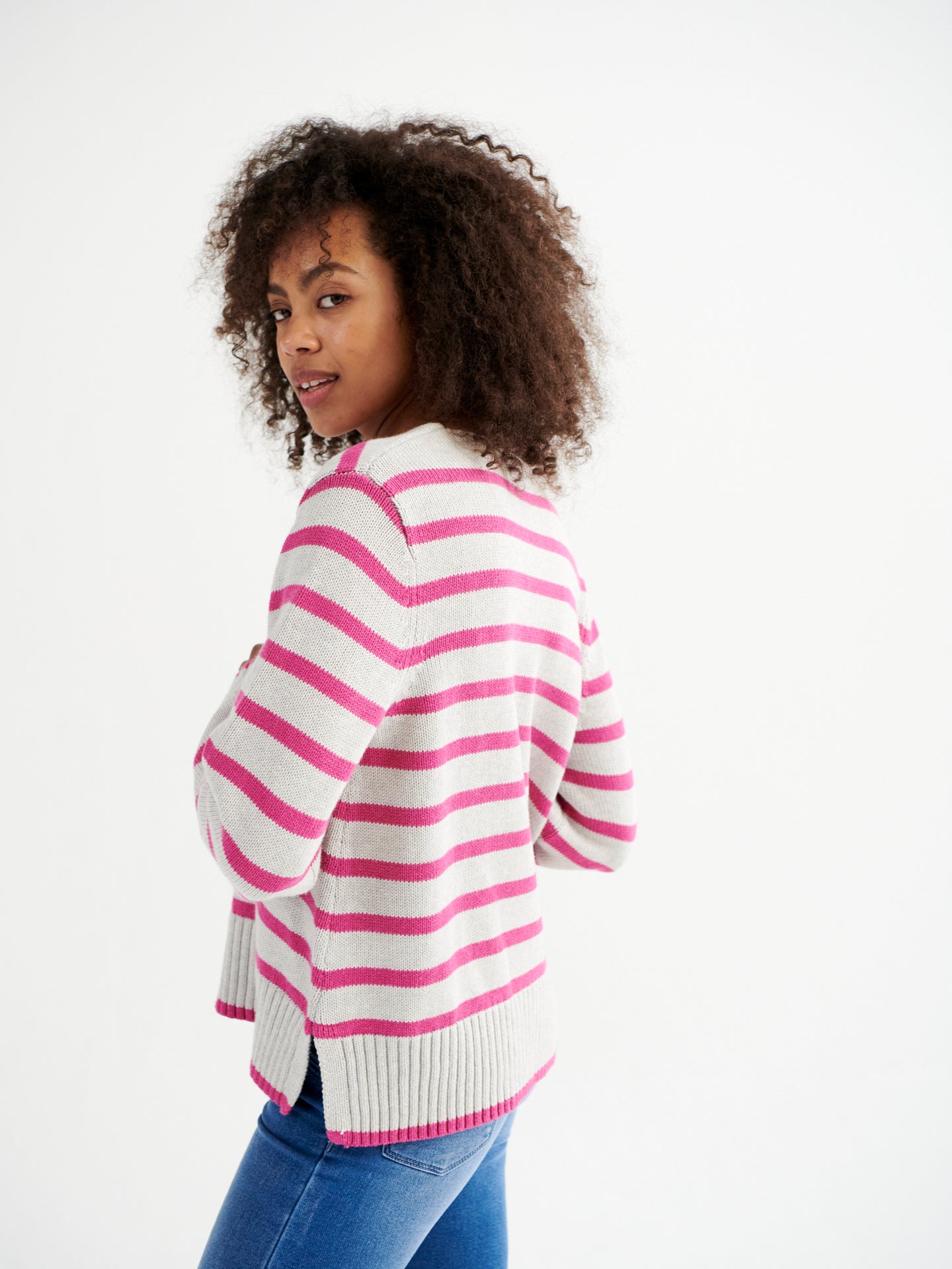 Tilly cotton cashmere blend v neck sweater - Pink Stripe