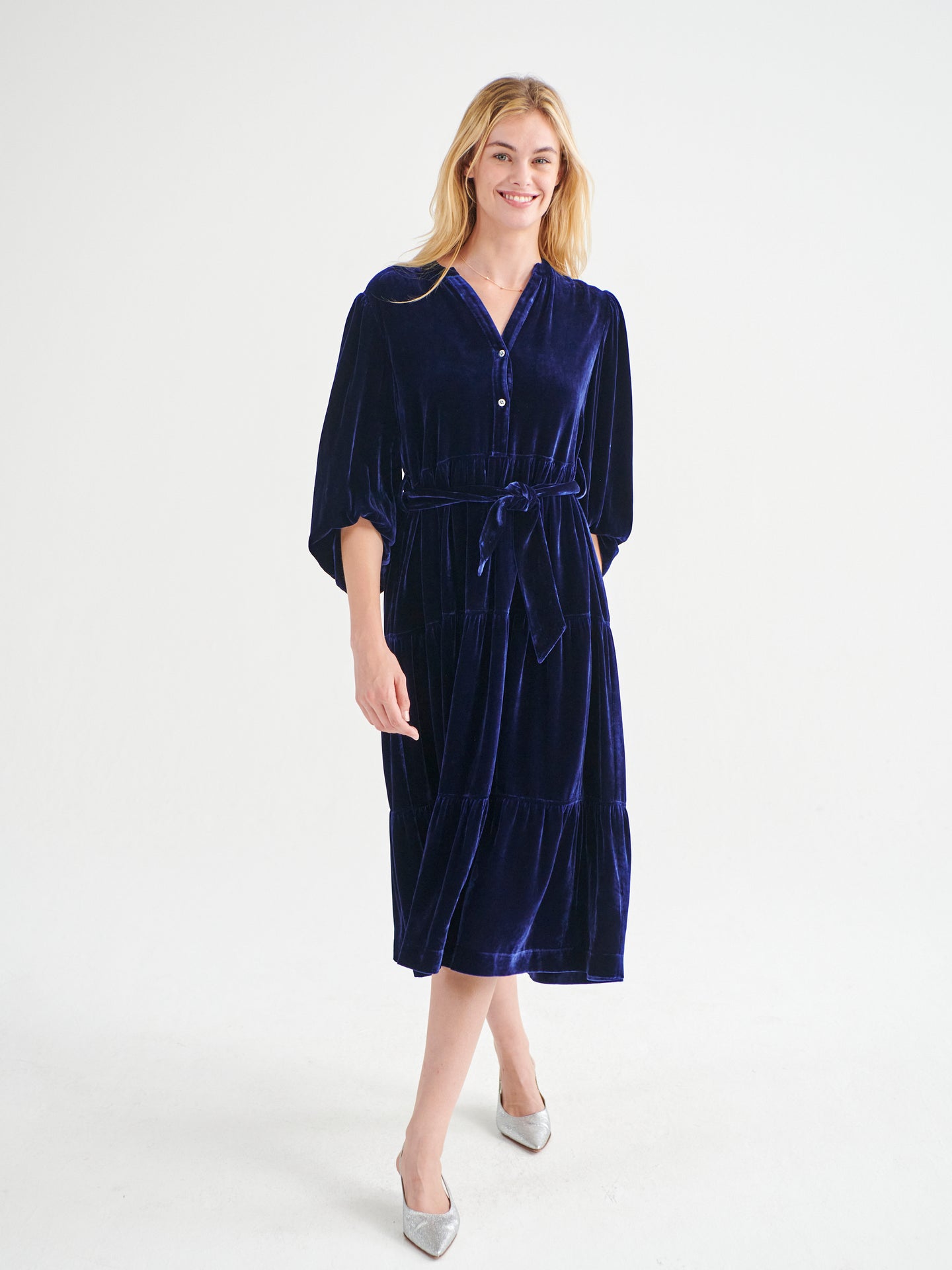 Ana Velvet Tiered Dress in Silk Blend Navy Velvet NRBY Clothing
