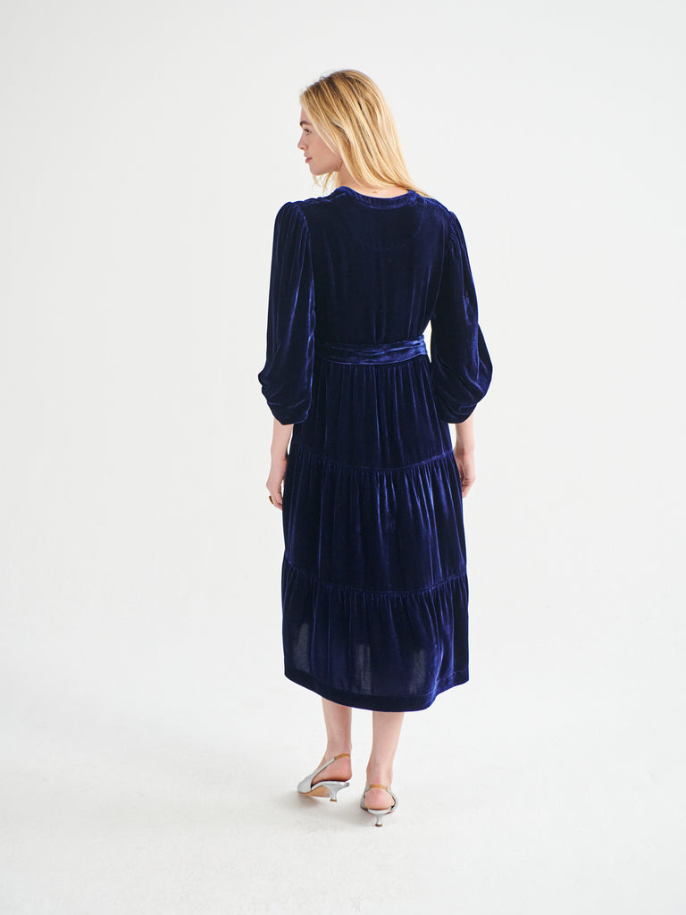 Ana Velvet Tiered Dress in Silk Blend Navy Velvet | NRBY Clothing