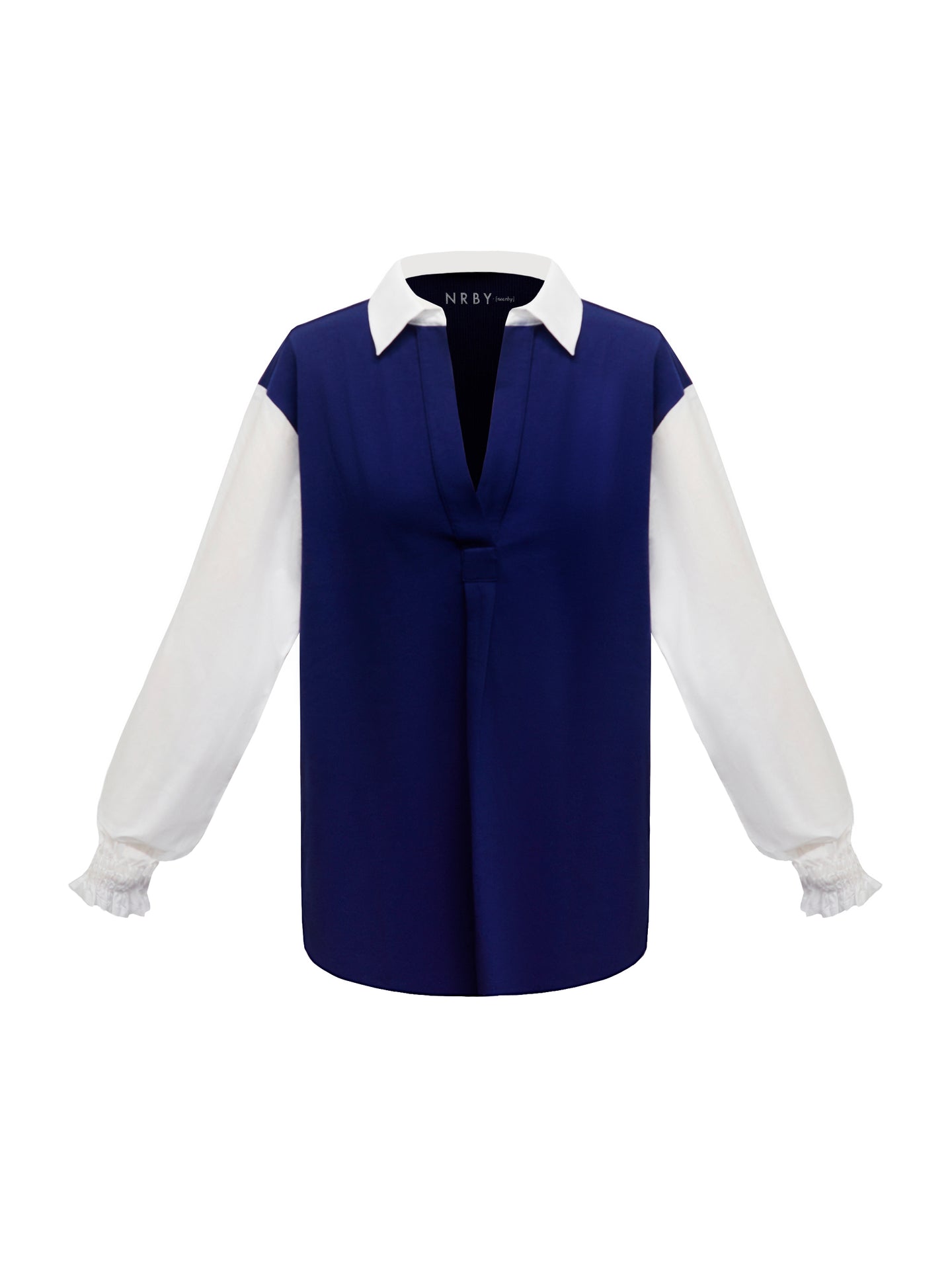 Aria jersey and cotton shirred cuff shirt - Navy/White